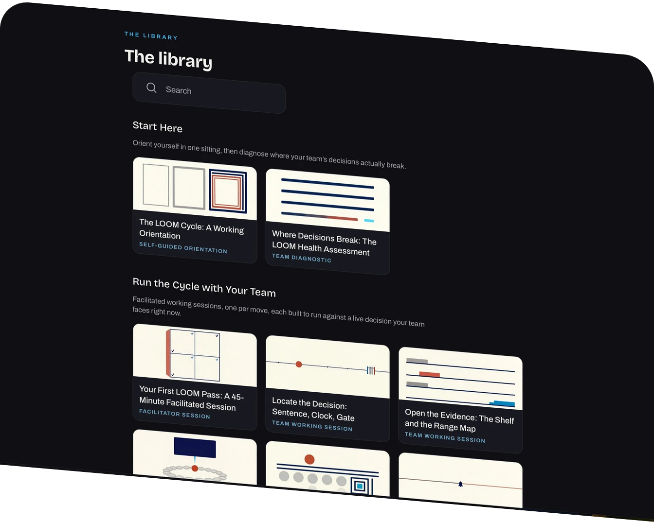 An author storefront’s module library — illustrated tiles organized into “Start Here” and “Run the Cycle with Your Team” categories, each labeled with its delivery format (team diagnostic, facilitator session, working session).